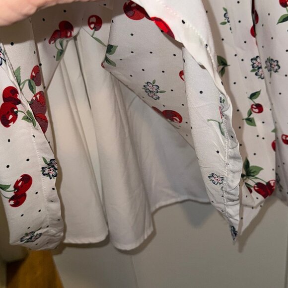 Unique Vintage - White Fit and Flare Halter Dress with Red Cherry Print (Size L) - Picture 3 of 5